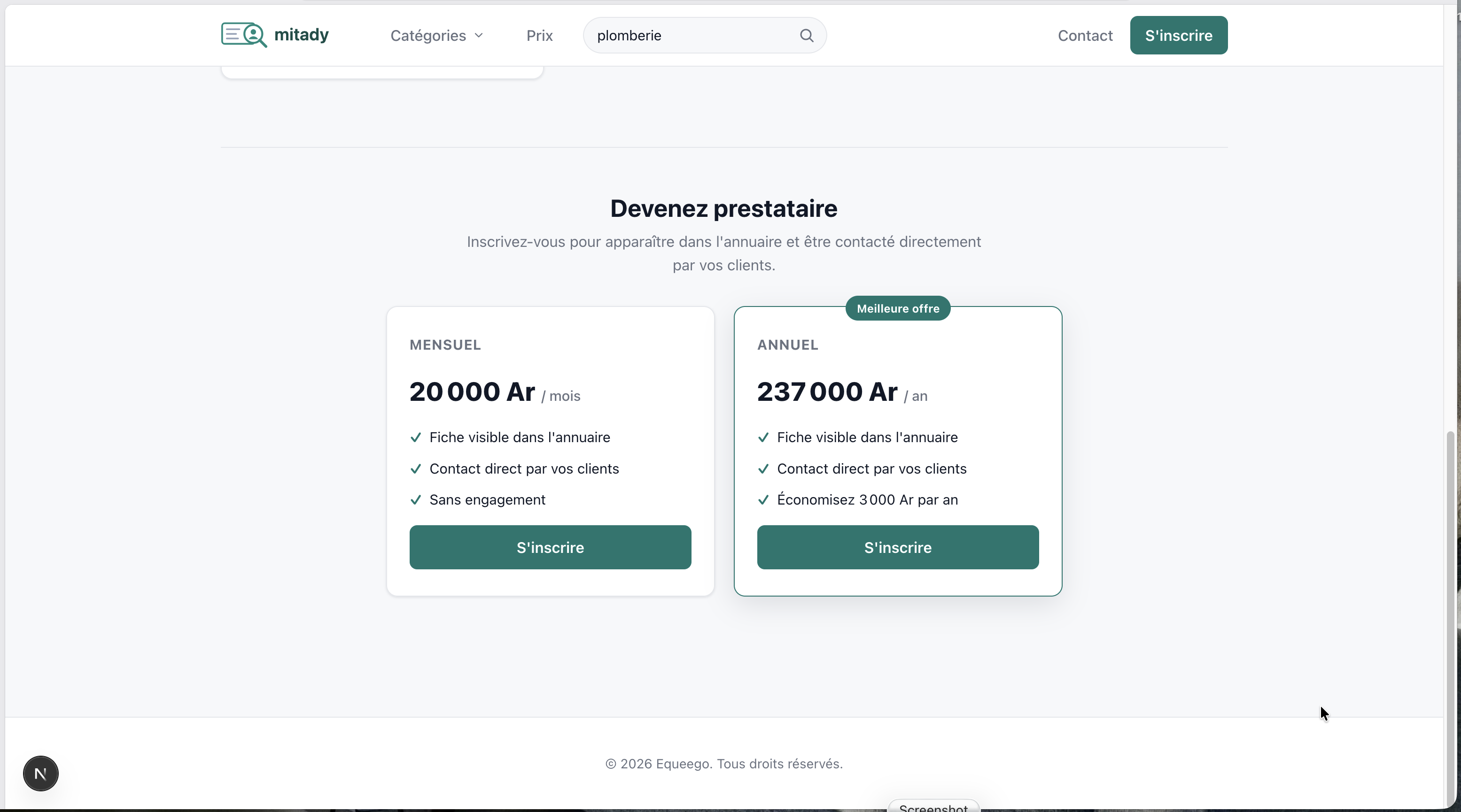 Aperçu de l'interface de l'annuaire en ligne Mitady 2
